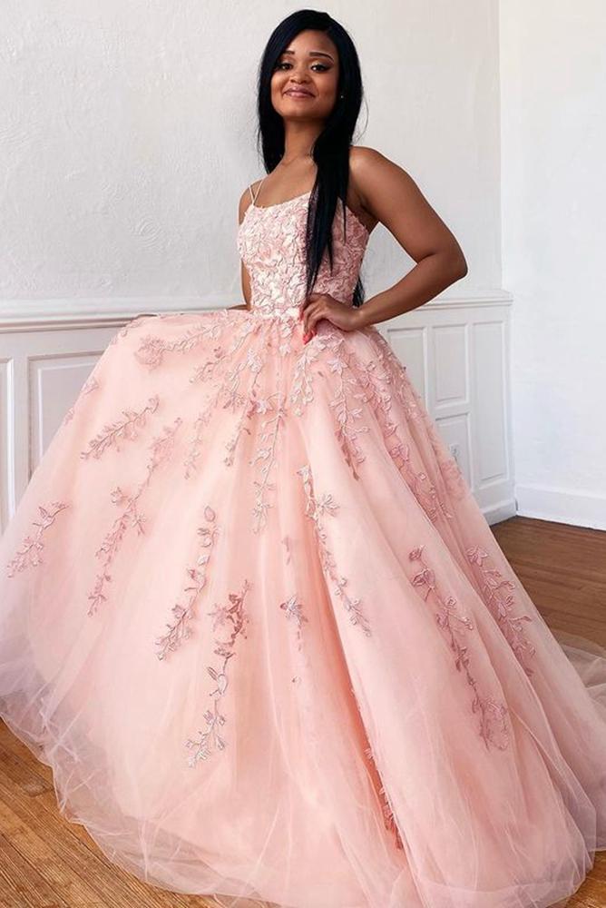Pink A-Line Tulle Appliques Beading Popular Formal Dress Long Prom Dress