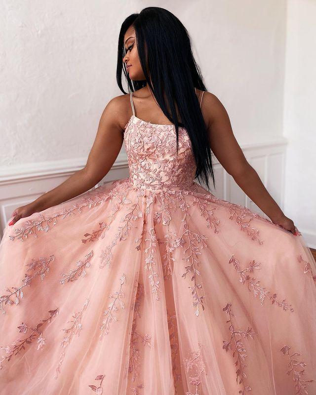 Pink A-Line Tulle Appliques Beading Popular Formal Dress Long Prom Dress