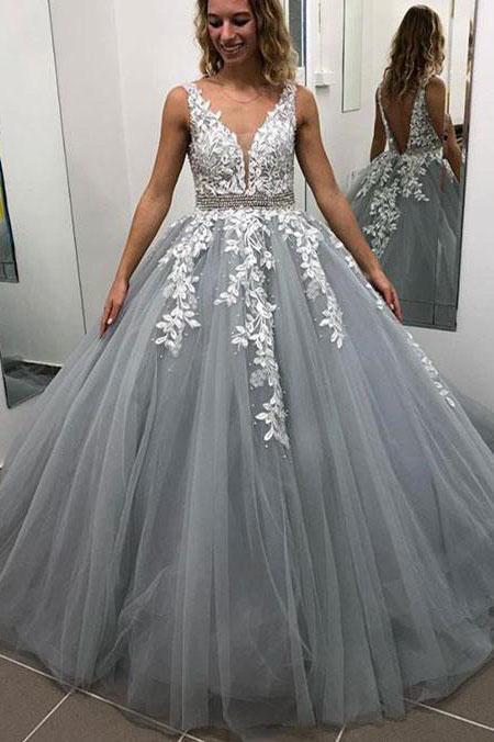 Lace Tulle A-Line V-Neck Appliques Formal Evening Dress School Party Gown Long Prom Dress