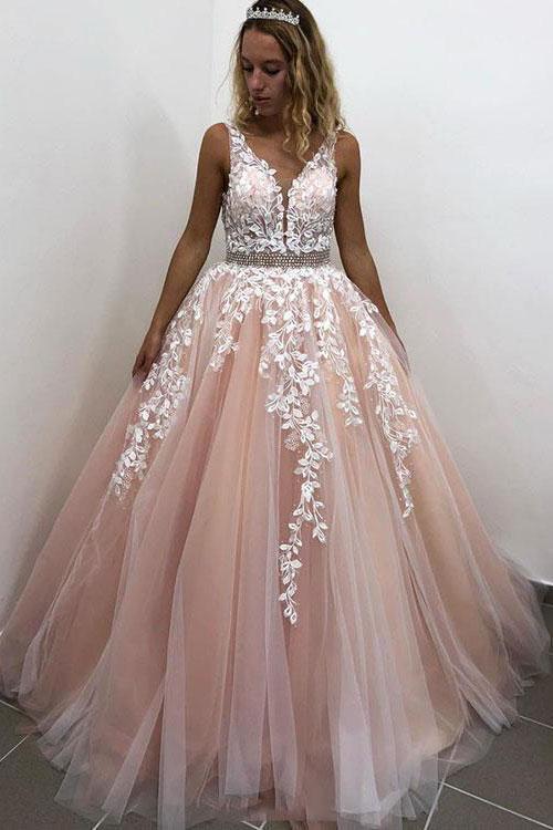 Lace Tulle A-Line V-Neck Appliques Formal Evening Dress School Party Gown Long Prom Dress