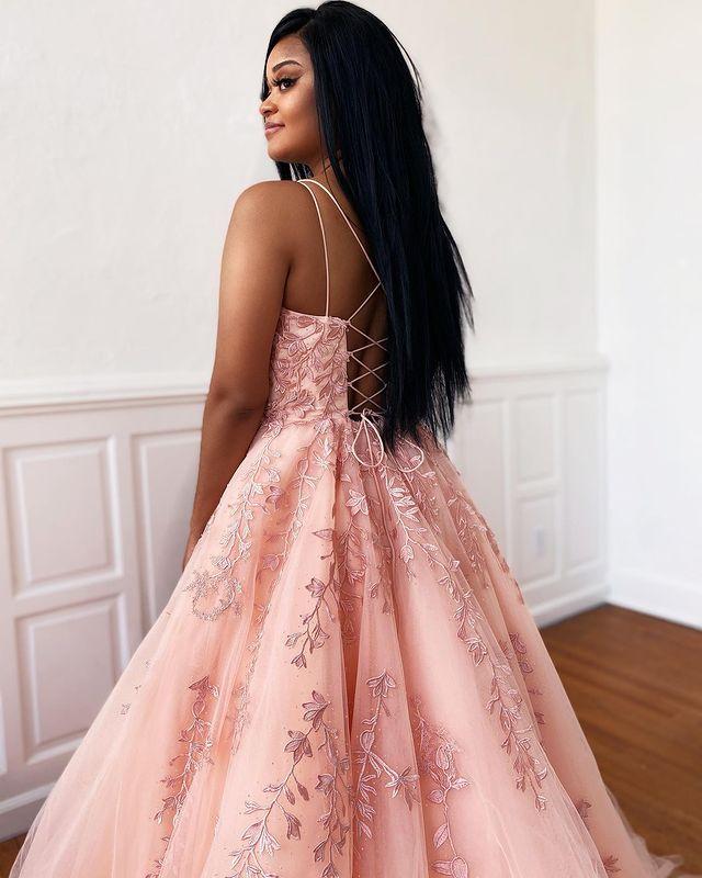 Pink A-Line Tulle Appliques Beading Popular Formal Dress Long Prom Dress