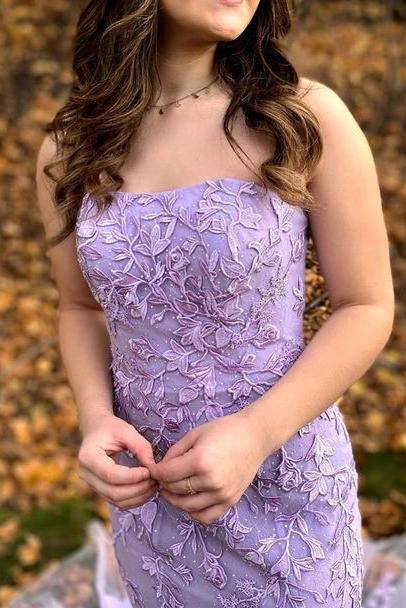 Strapless Mermaid Lilac Formal Evening Dresses Lace Side Slit Long Prom Dresses