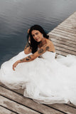 Charming A Line Strapless Tulle Long Wedding Dresses with Appliques N103