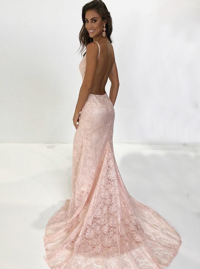 Pearl Pink V-Neck Lace Amazing Mermaid Long Backless Prom Dress