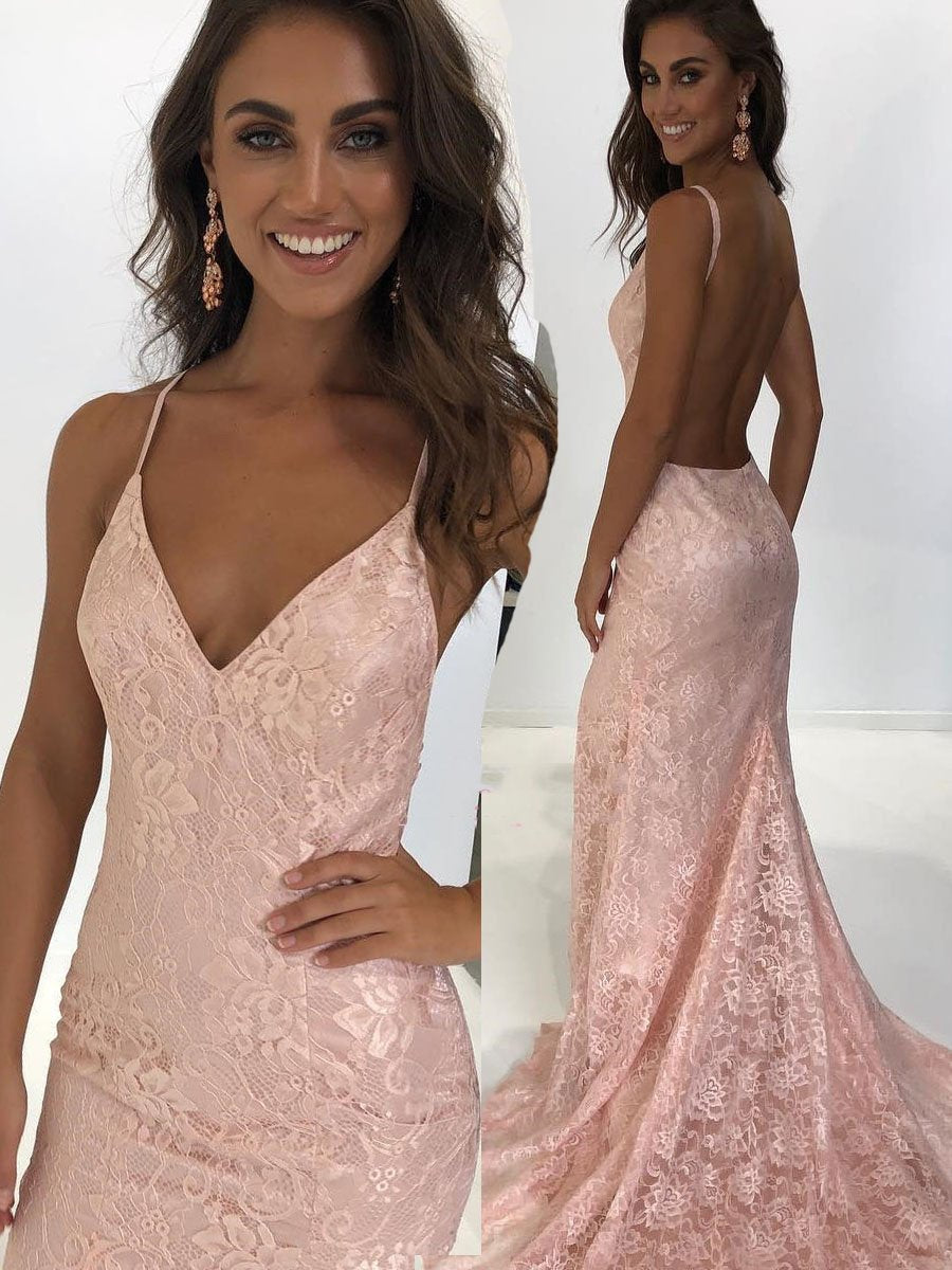 Pearl Pink V-Neck Lace Amazing Mermaid Long Backless Prom Dress