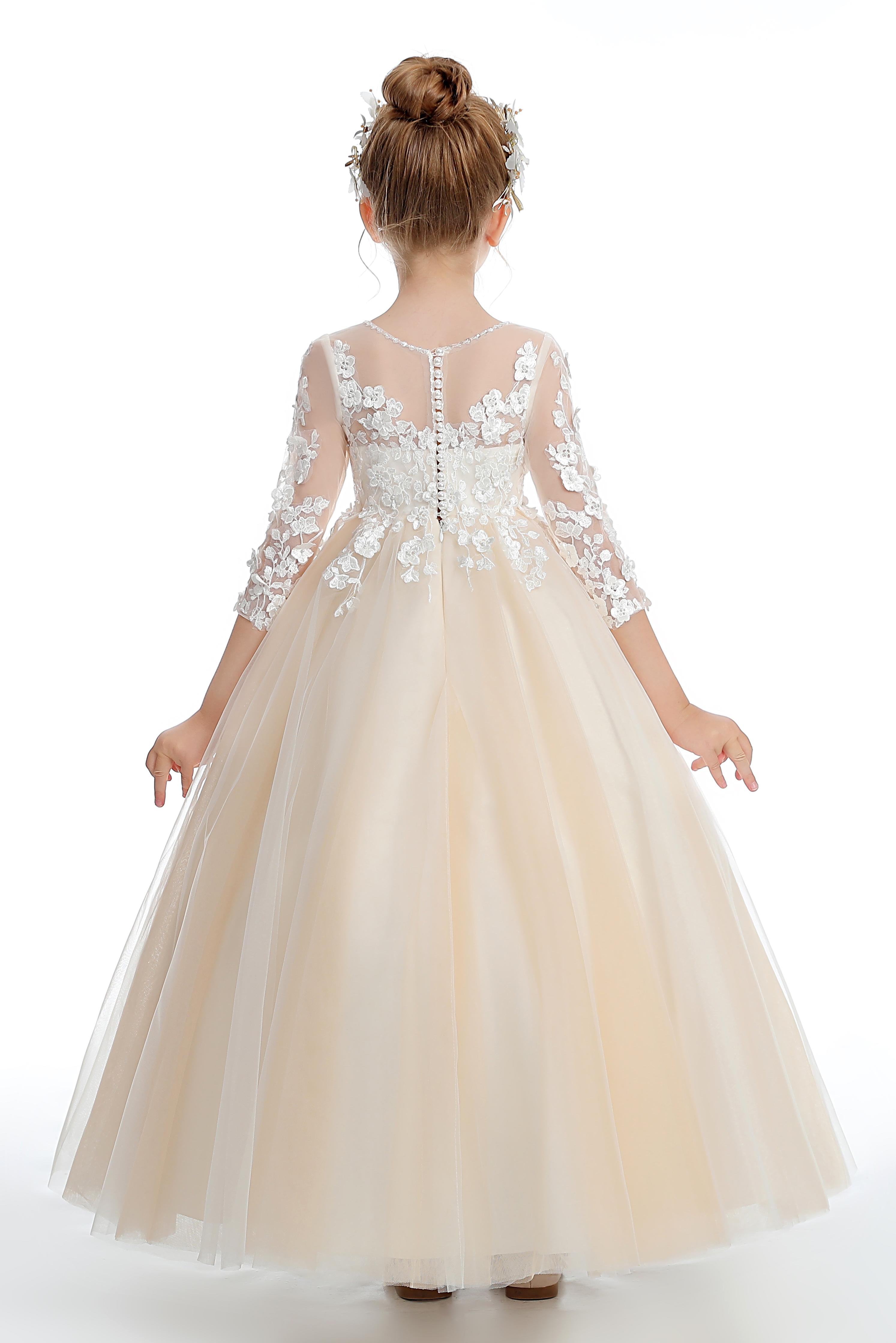 Half Sleeves Floor Length Champagne Tulle Appliques Flower Girl Dresses