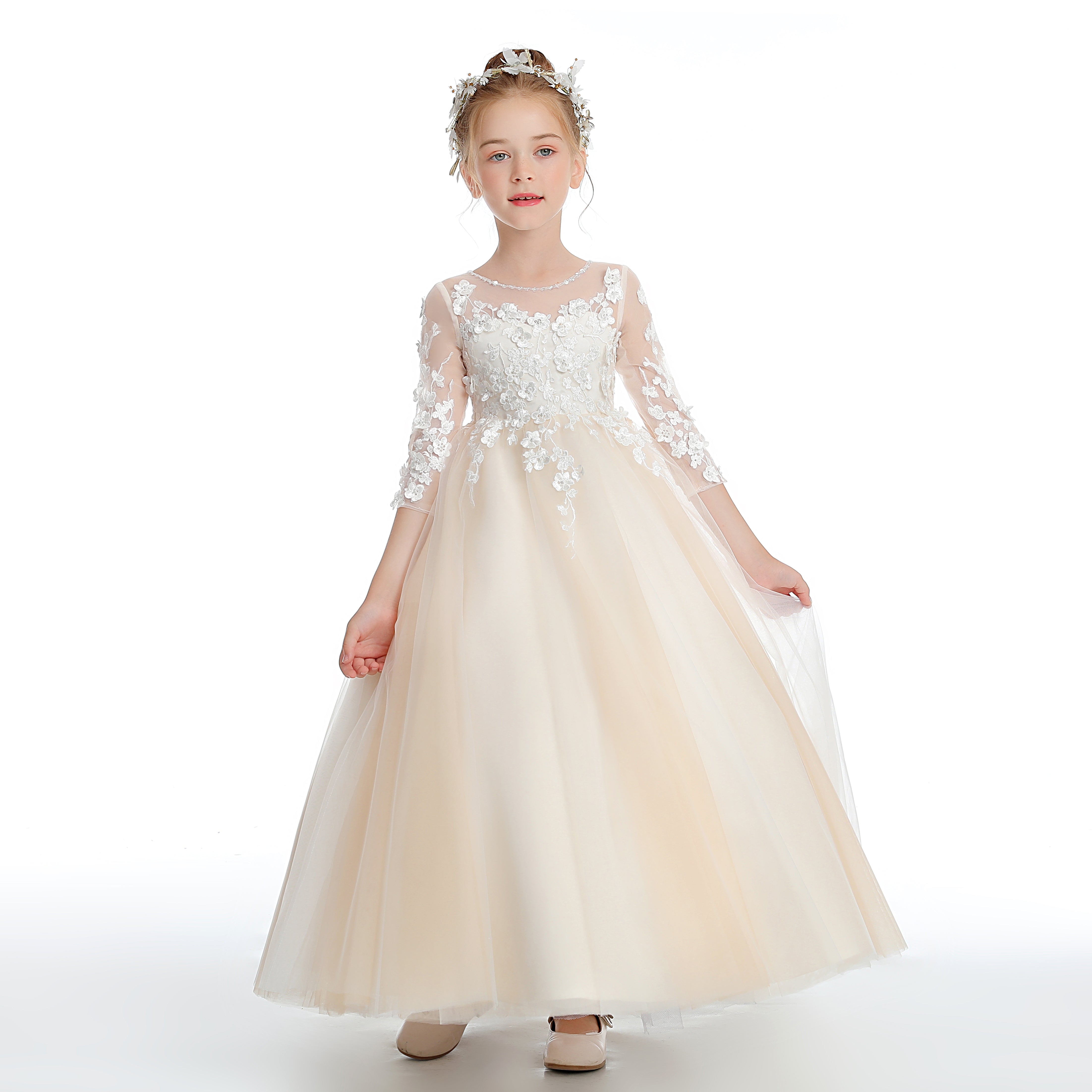 Half Sleeves Floor Length Champagne Tulle Appliques Flower Girl Dresses