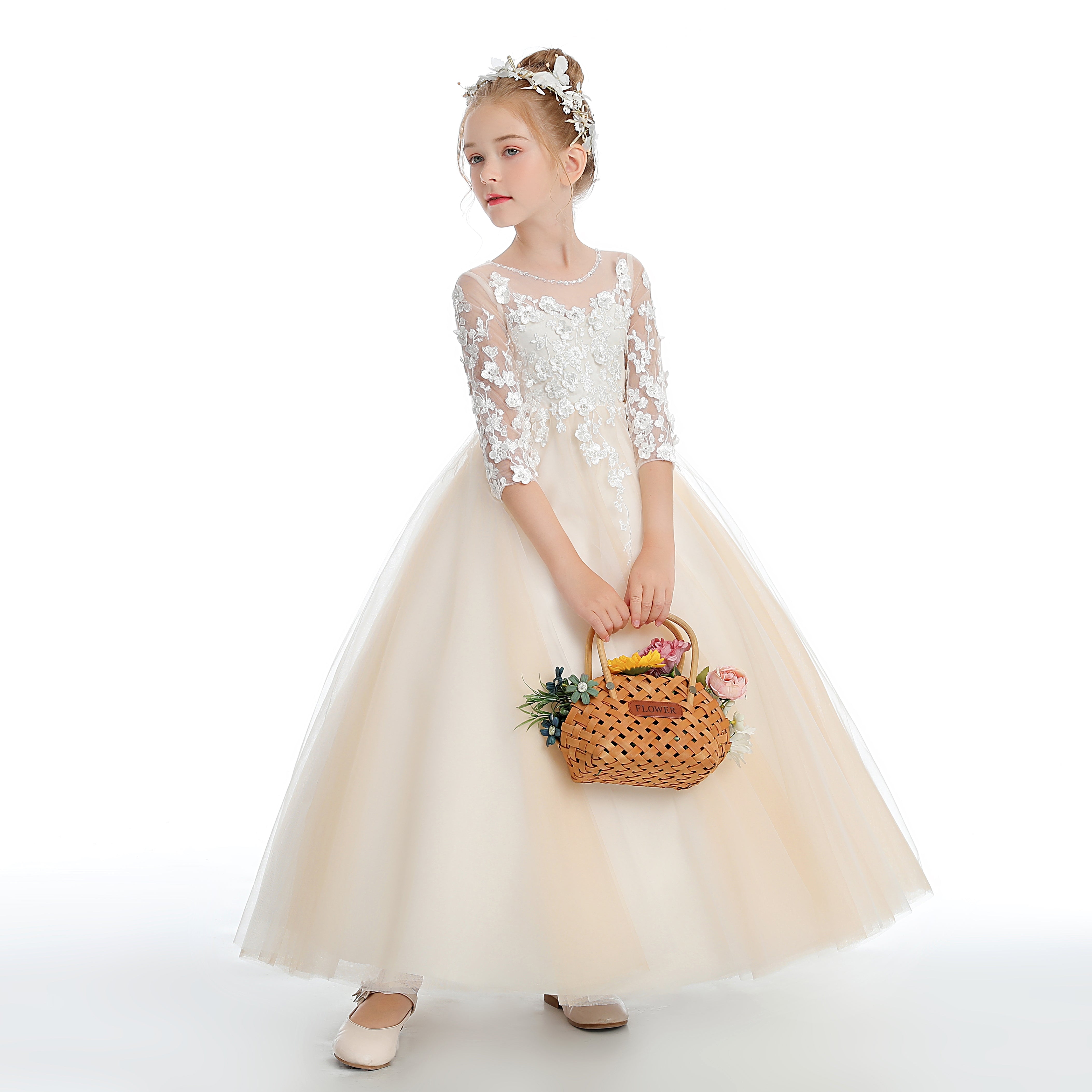 Half Sleeves Floor Length Champagne Tulle Appliques Flower Girl Dresses