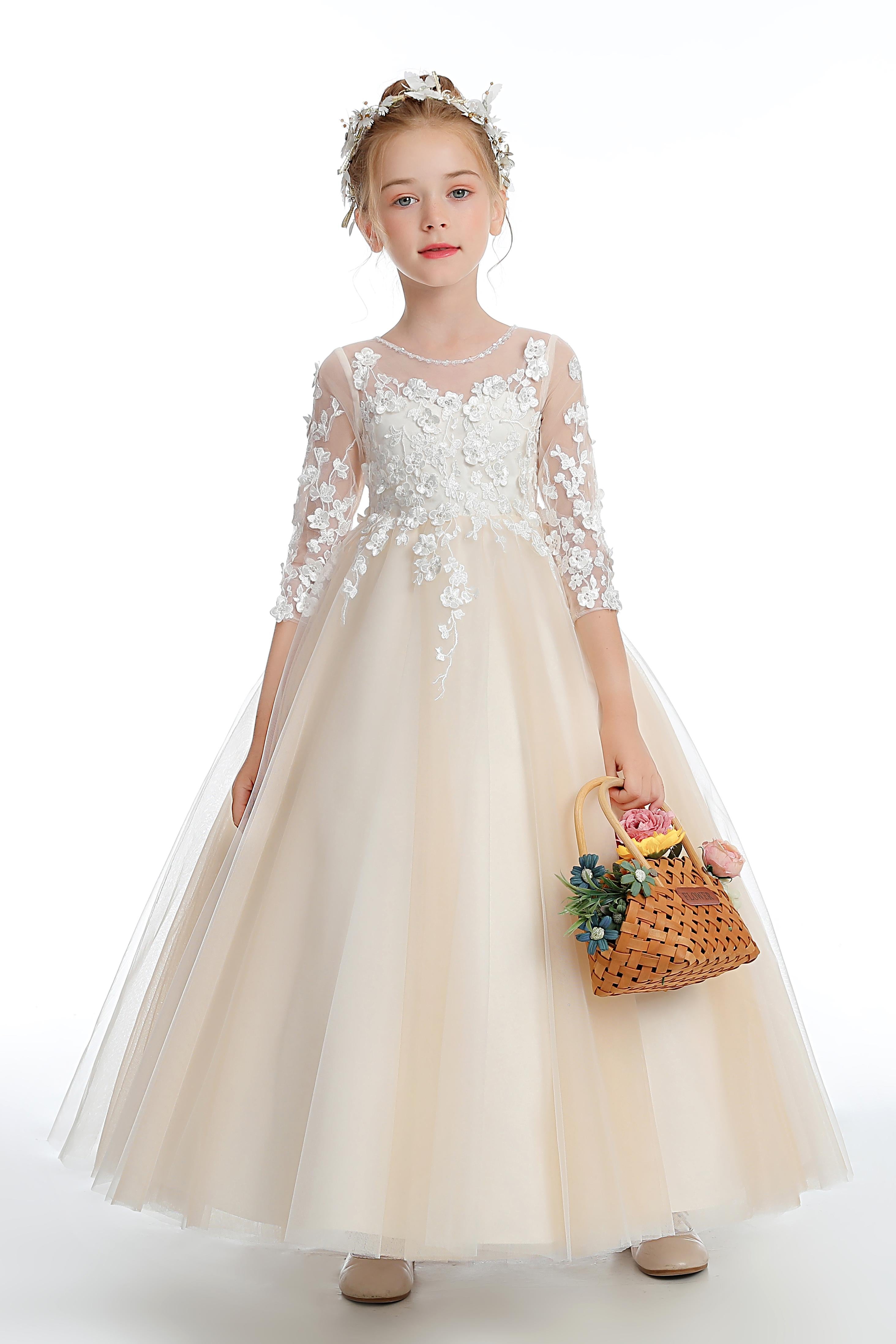 Half Sleeves Floor Length Champagne Tulle Appliques Flower Girl Dresses