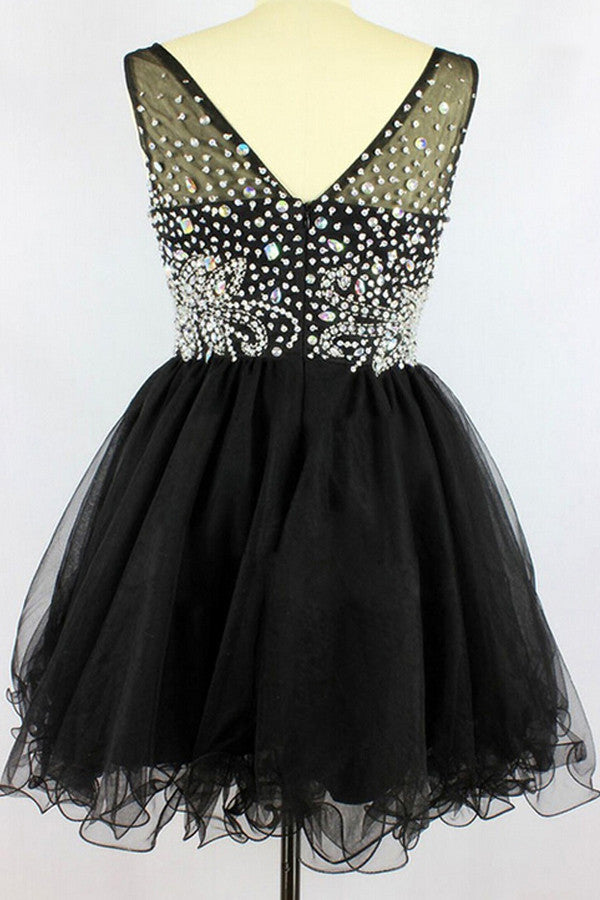 Black V-Neck Sleeveless Beading Prom Dresses Homecoming Dresses