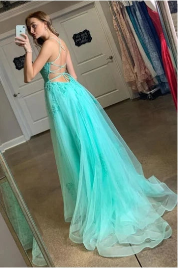 Turquoise Backless Spaghetti Straps Split Appliqued Prom Dress AH0172