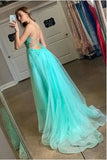 Turquoise Backless Spaghetti Straps Split Appliqued Prom Dress AH0172