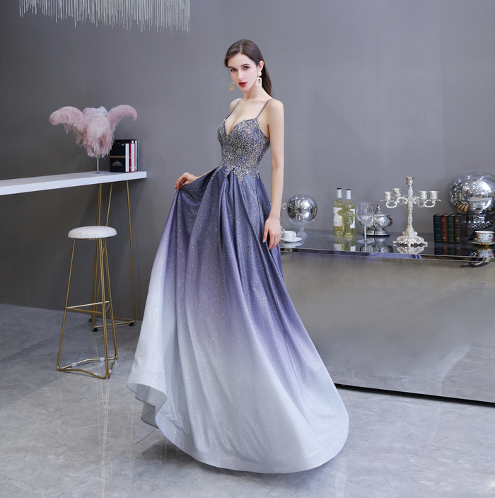 A Line Spaghetti Straps Appliques Floor Length Prom Dresses With Pockets WH39450