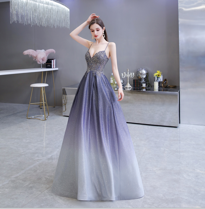 A Line Spaghetti Straps Appliques Floor Length Prom Dresses With Pockets WH39450