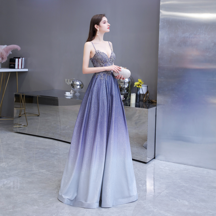A Line Spaghetti Straps Appliques Floor Length Prom Dresses With Pockets WH39450