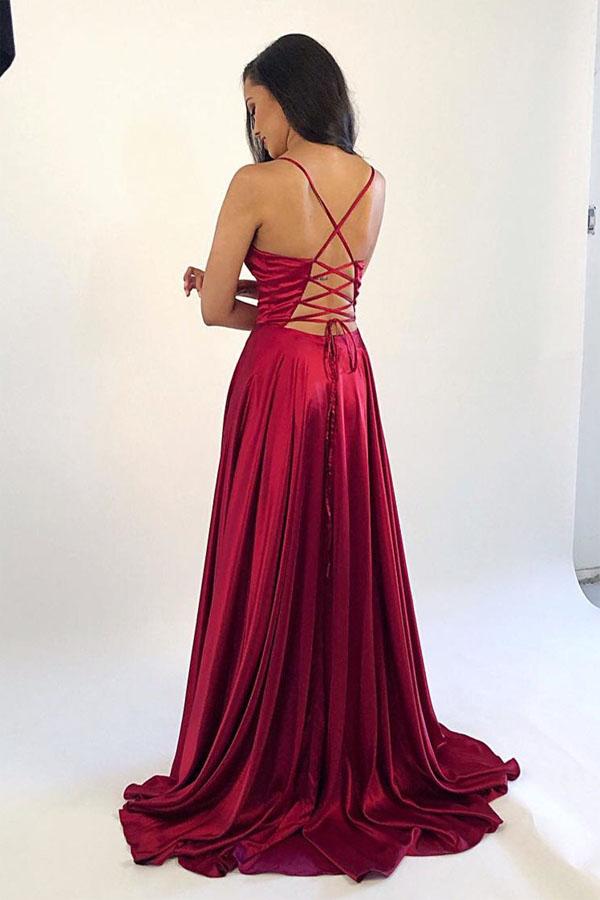 Burgundy Spaghetti Strap Sleeveless Split Prom Dresses Simple Long Evening Dresses N1707