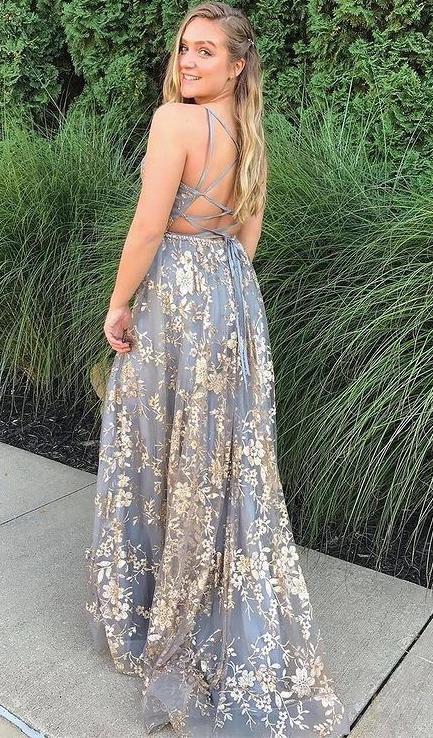 Popular A Line Spaghetti Straps Side Slit Lace Long Prom Dresses