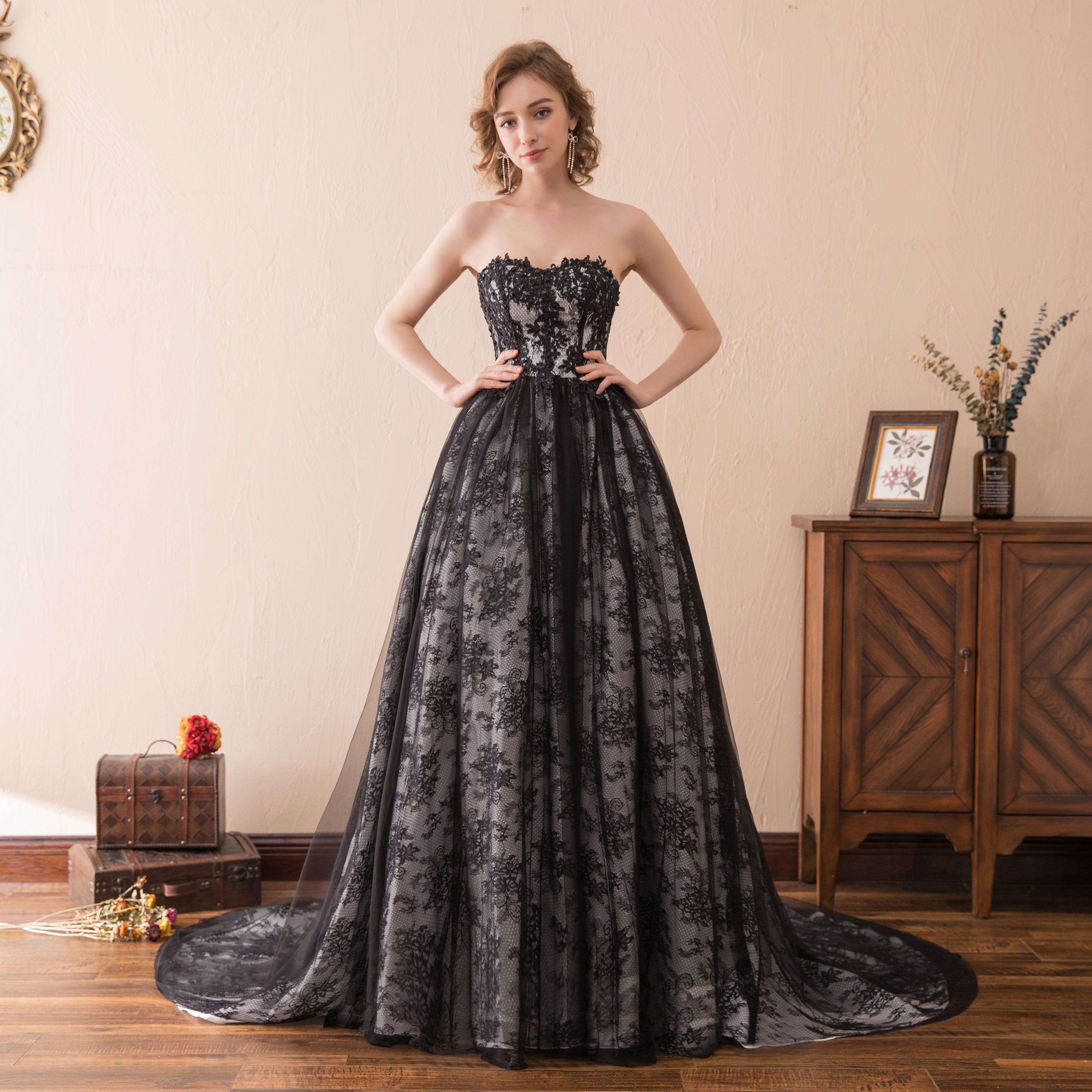 Unique A Line Strapless Sweetheart Black Lace Court Train Prom Dresses WH32618