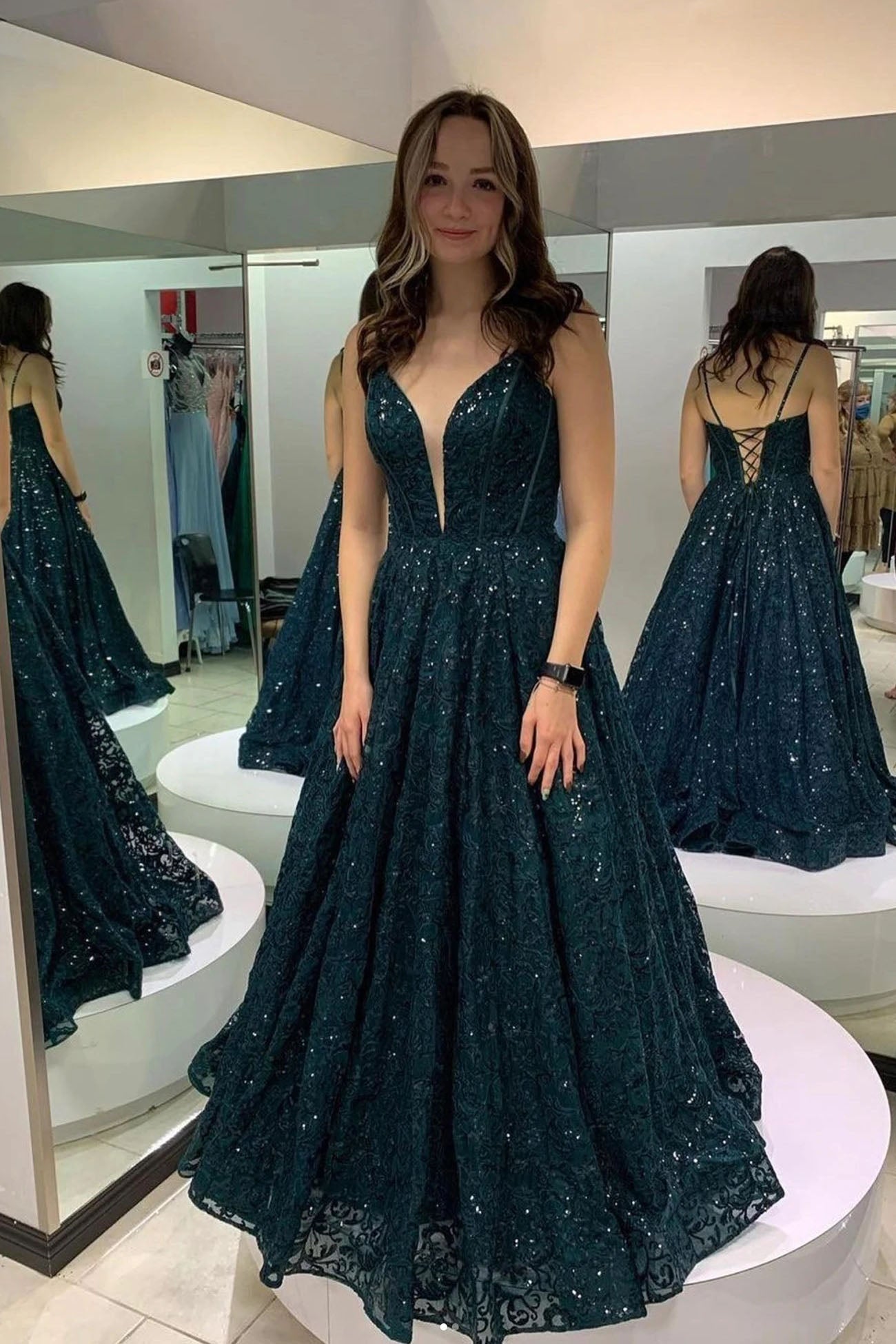 Deep V-Neck A Line Shiny Lace Dark Green Sequins Evening Dress Long Prom Dress