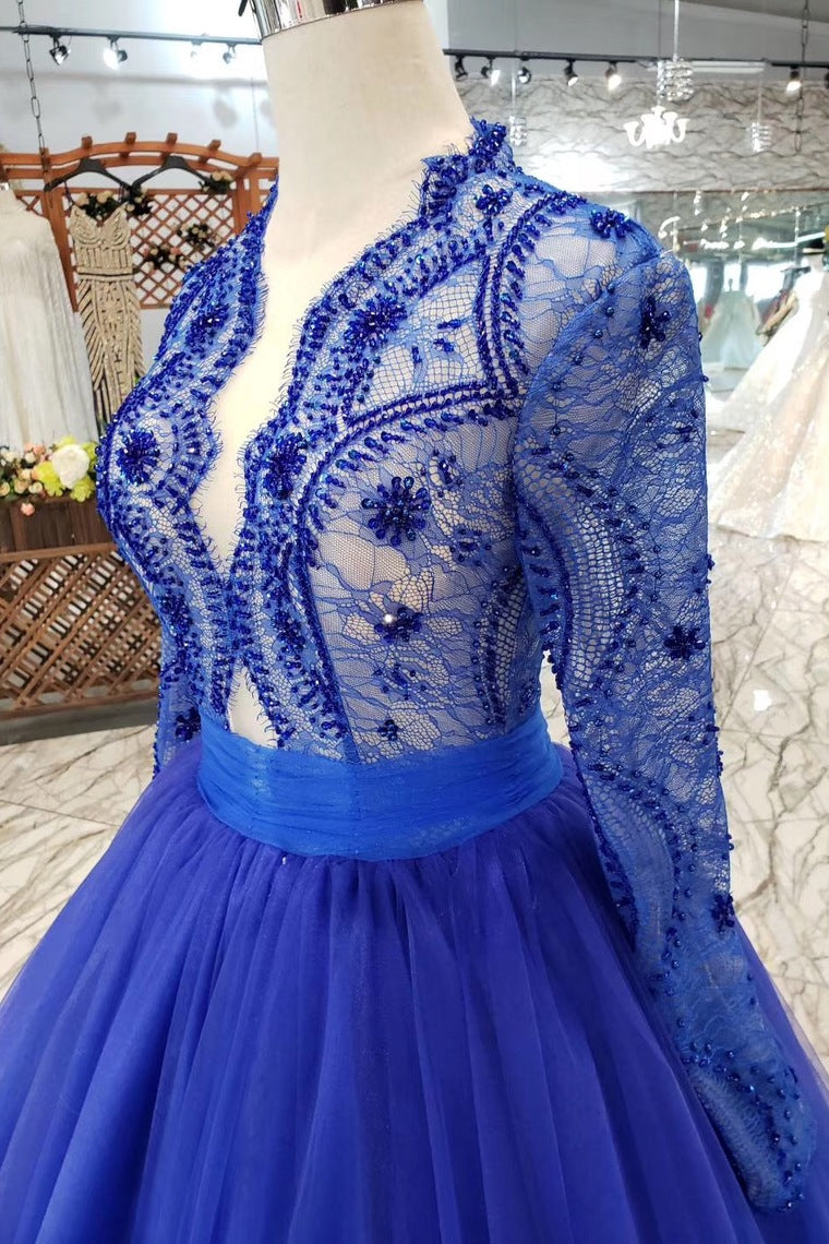 Royal Blue Long Sleeve Tulle Prom Dresses with Lace Long Party Dresses with Beads N1648