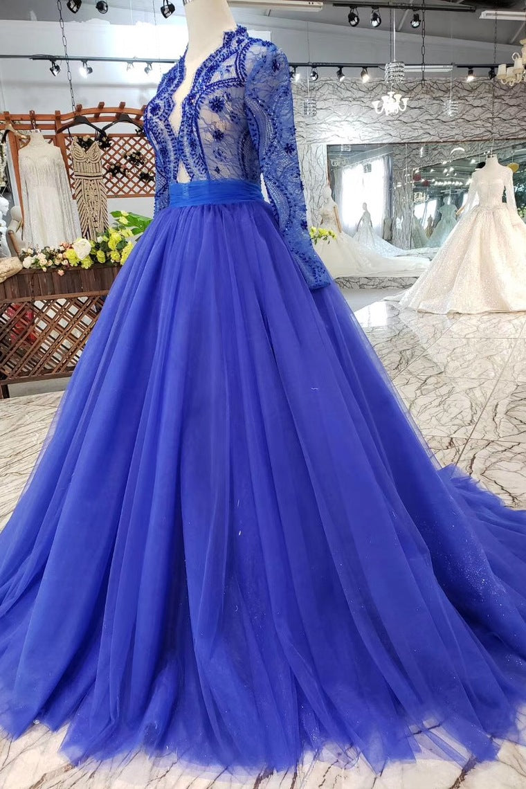 Royal Blue Long Sleeve Tulle Prom Dresses with Lace Long Party Dresses with Beads N1648