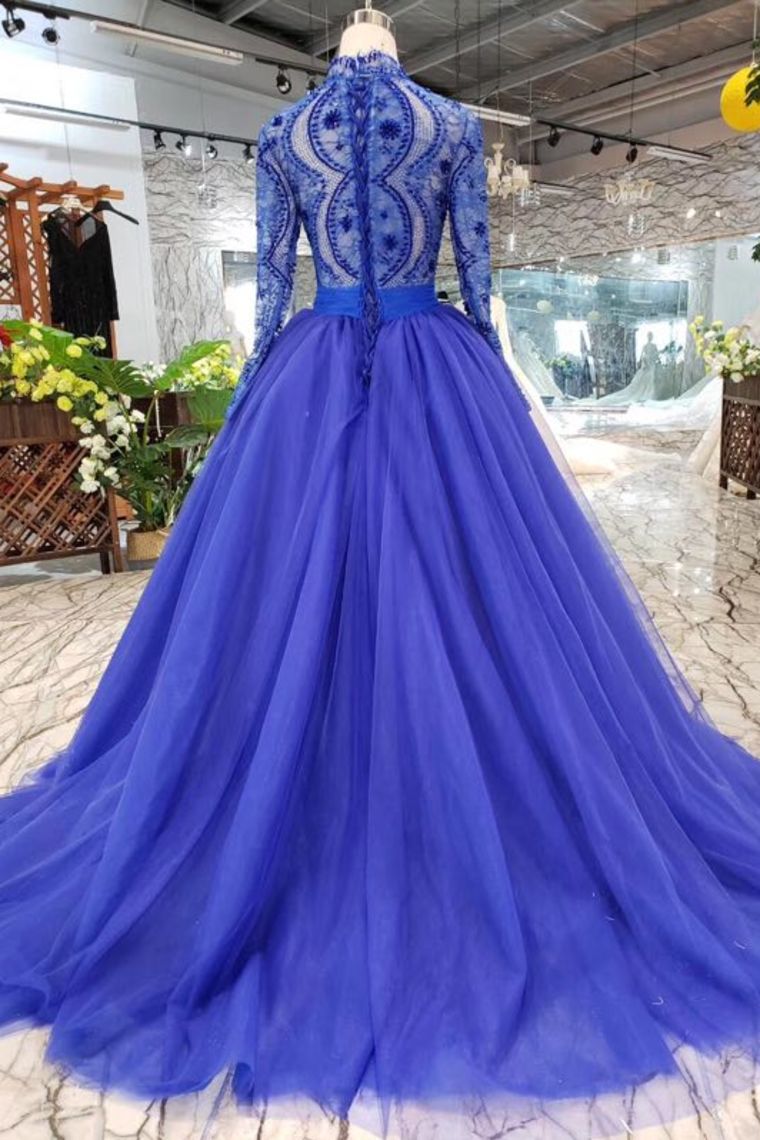 Royal Blue Long Sleeve Tulle Prom Dresses with Lace Long Party Dresses with Beads N1648