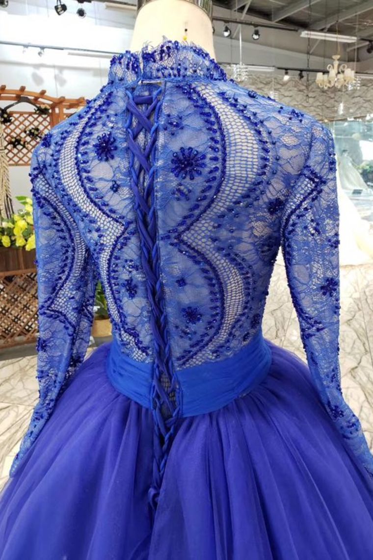 Royal Blue Long Sleeve Tulle Prom Dresses with Lace Long Party Dresses with Beads N1648