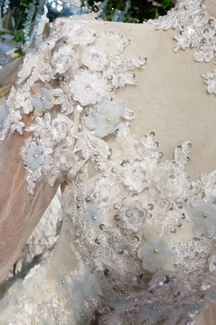 A Line High Neck Wedding Dresses with Flowers Long Sleeves Bridal Dresses N1650