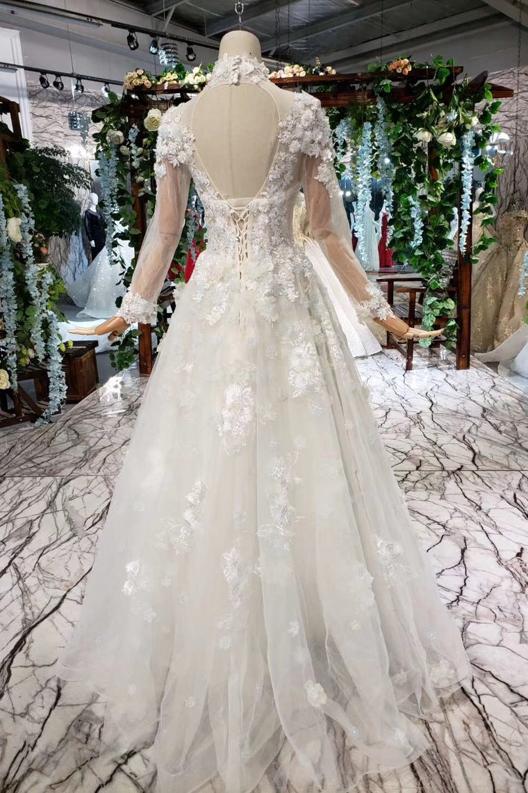 A Line High Neck Wedding Dresses with Flowers Long Sleeves Bridal Dresses N1650