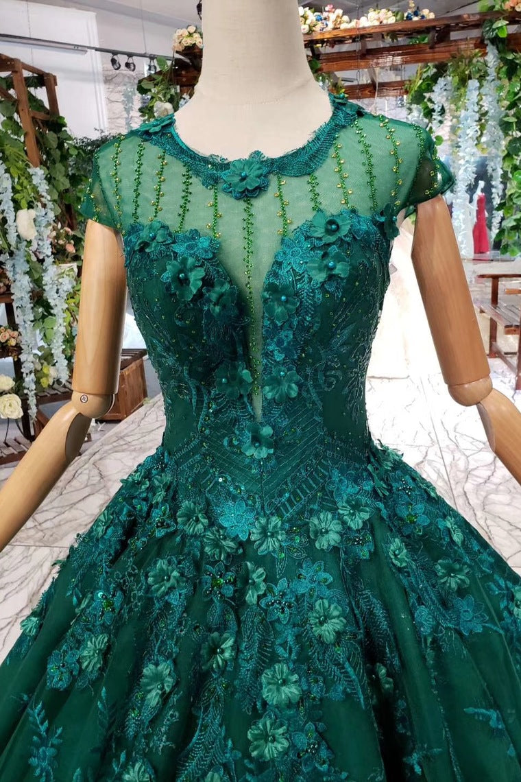Dark Green Floral Appliques Ball Gown Quinceanera Prom Dresses With Beads