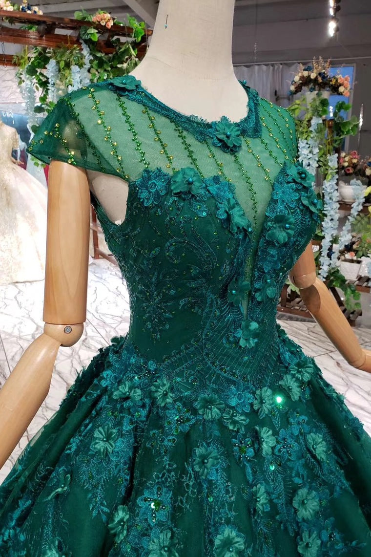 Dark Green Floral Appliques Ball Gown Quinceanera Prom Dresses With Beads