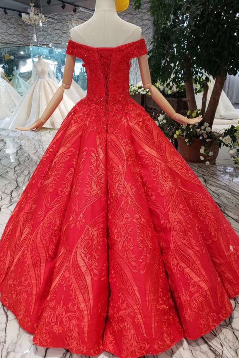 Red Off the Shoulder Puffy Prom Dresses Princess Dresses with Lace Appliques Beads N1643