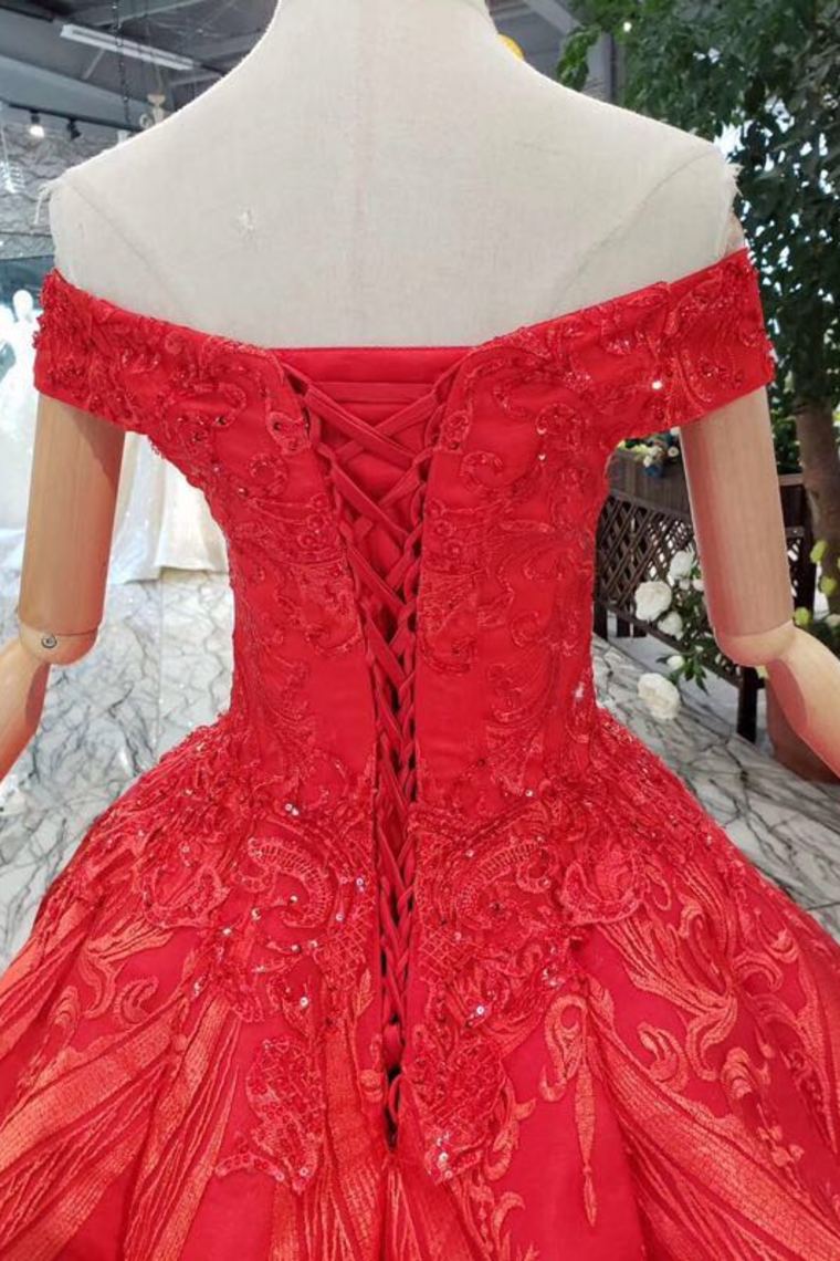 Red Off the Shoulder Puffy Prom Dresses Princess Dresses with Lace Appliques Beads N1643