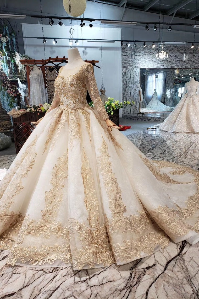 Gorgeous Long Sleeves Palace Wedding Dresses Lace Wedding Dresses with Applique&Beads N1652