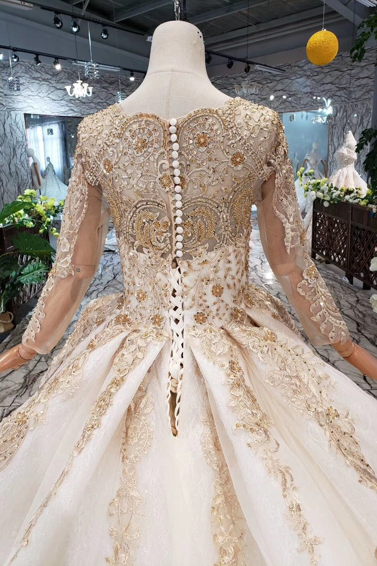 Gorgeous Long Sleeves Palace Wedding Dresses Lace Wedding Dresses with Applique&Beads N1652