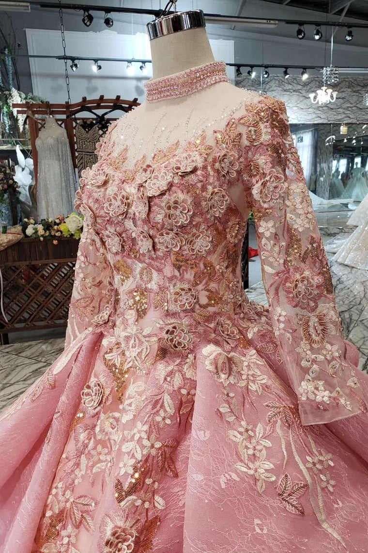 Pink New Prom Dresses Long Sleeves Ball Gown With Applique&Beads Quinceanera Dresses N1641