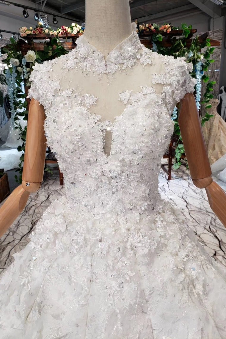 Gorgeous High Neck Ball Gown Sequined Long Big Lace Wedding Dresses