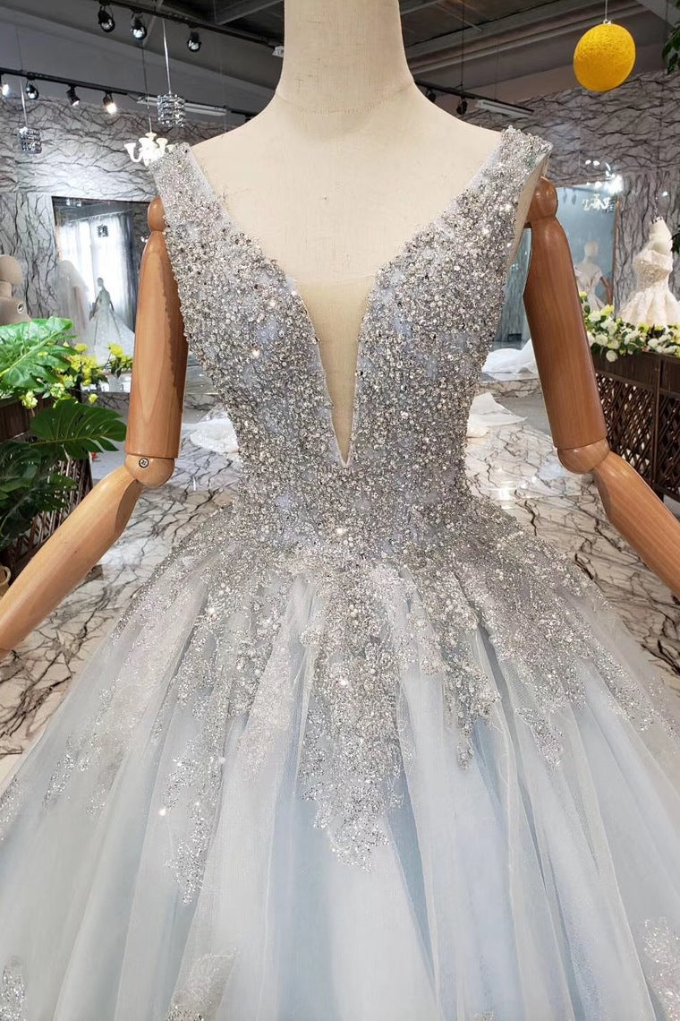 Ball Gown Deep V Neck Sleeveless Tulle Wedding Dress with Beading Prom Dress N1671