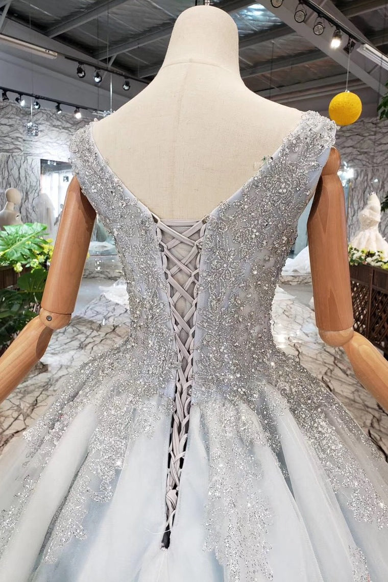 Ball Gown Deep V Neck Sleeveless Tulle Wedding Dress with Beading Prom Dress N1671