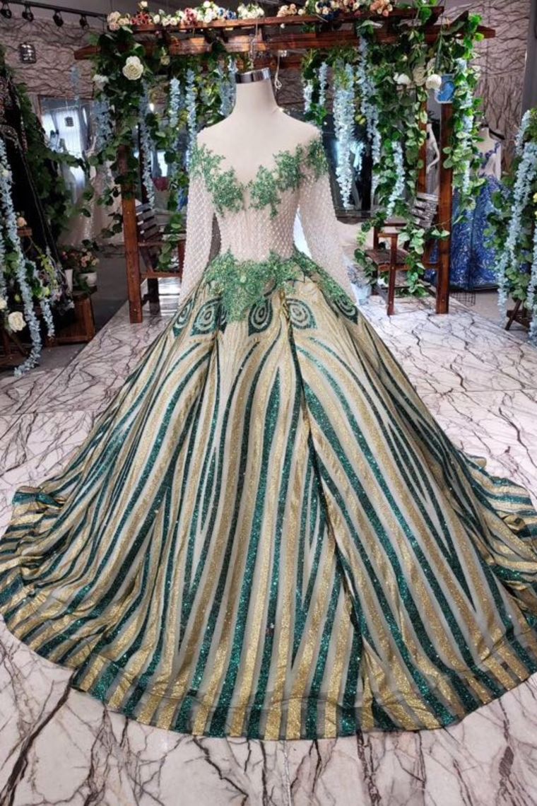 Unique Puffy Long Sleeves Long Graduation Dresses, Sheer Neck Quinceanera Dress N1714