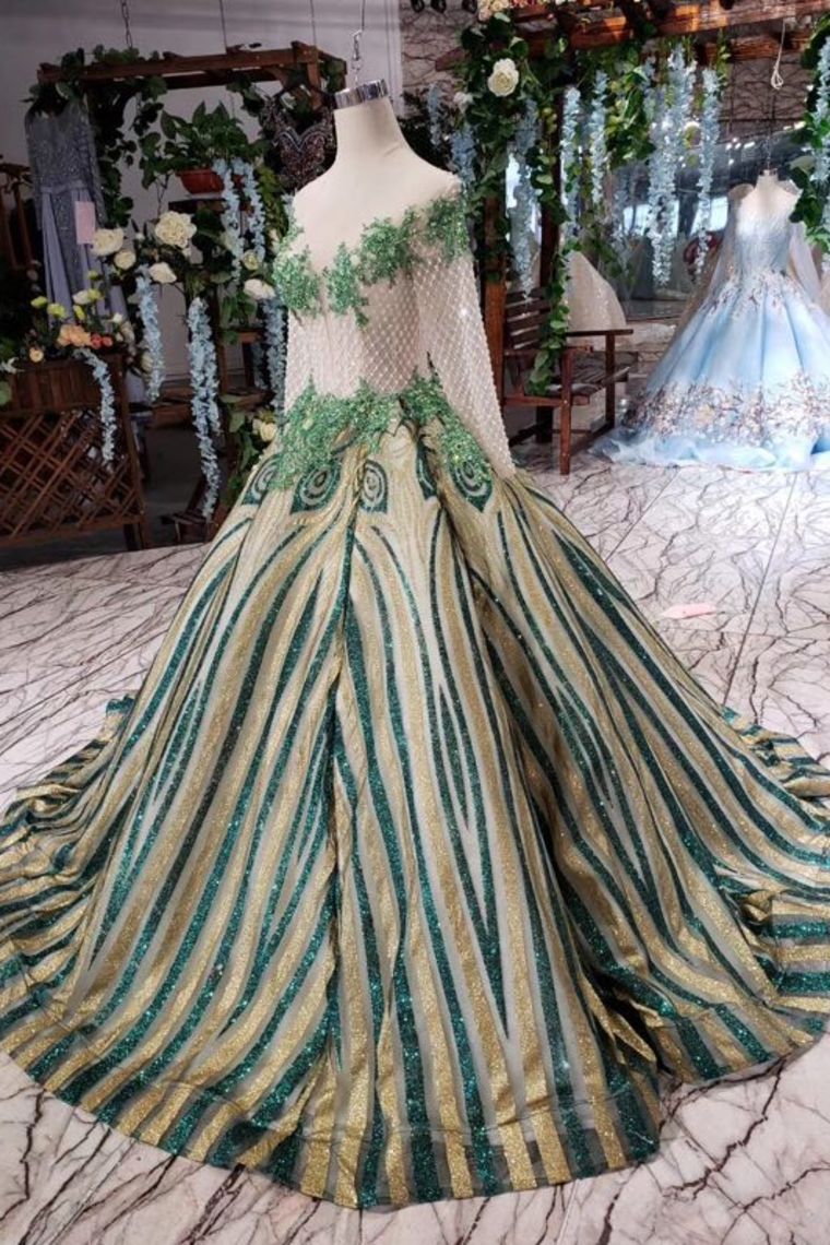 Unique Puffy Long Sleeves Long Graduation Dresses, Sheer Neck Quinceanera Dress N1714