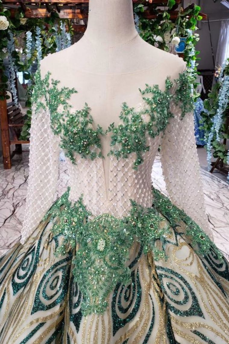 Unique Puffy Long Sleeves Long Graduation Dresses Sheer Neck Quinceanera Dresses N1714