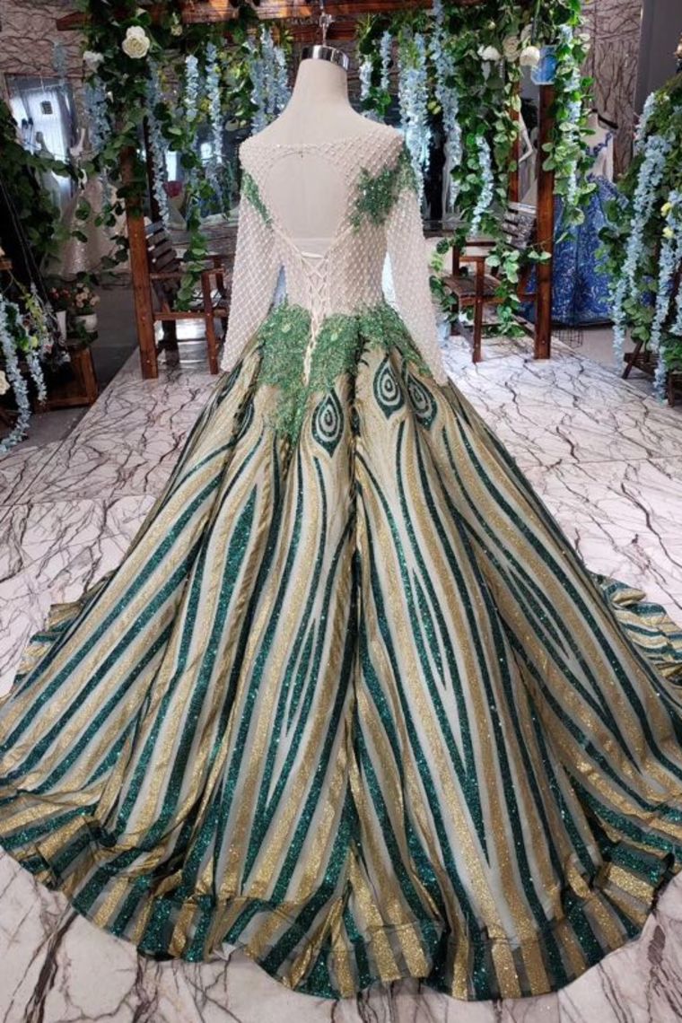 Unique Puffy Long Sleeves Long Graduation Dresses Sheer Neck Quinceanera Dresses N1714