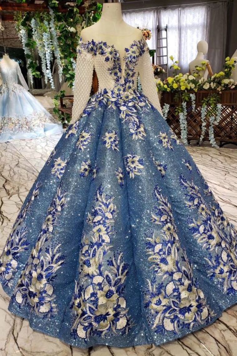 Ball Gown Prom Dress Sheer Neck Long Sleeves Lace Up Back Sequins Appliques N1715