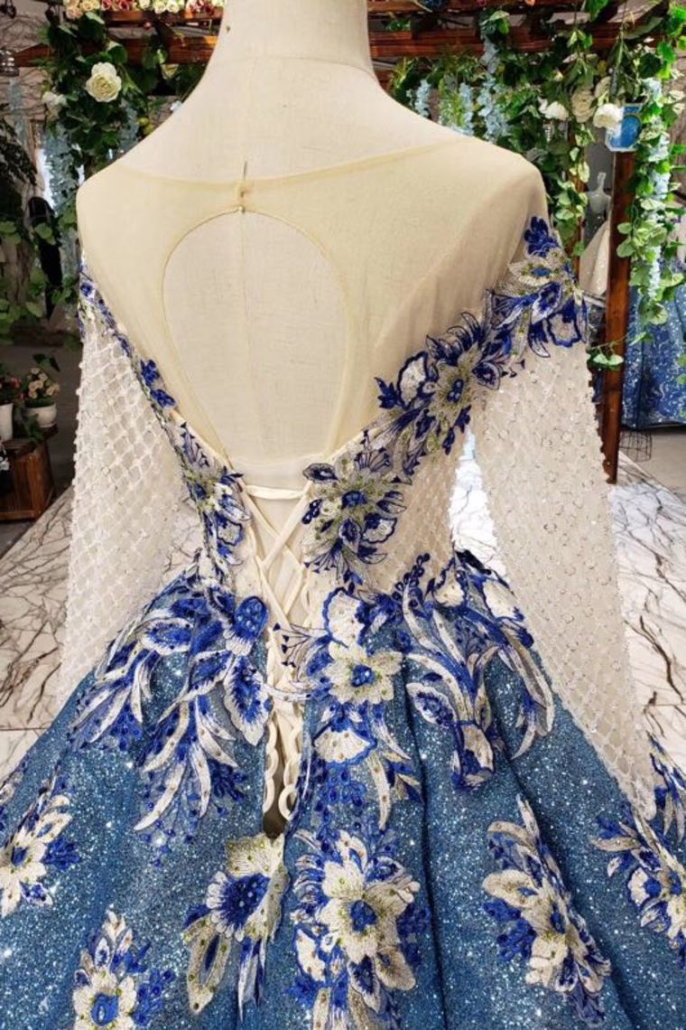 Ball Gown Prom Dress Sheer Neck Long Sleeves Lace Up Back Sequins Appliques N1715