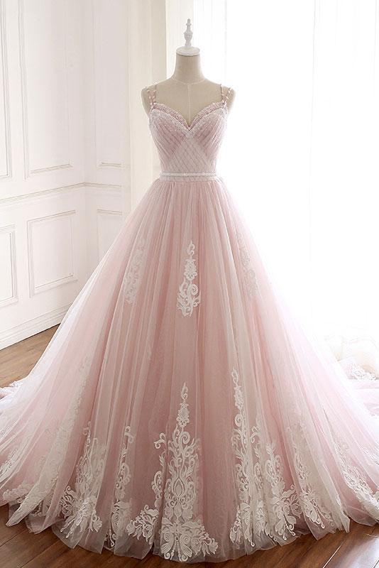 Pink Straps Tulle Prom Dresses with Lace Appliques A-Line Formal Dresses N1488