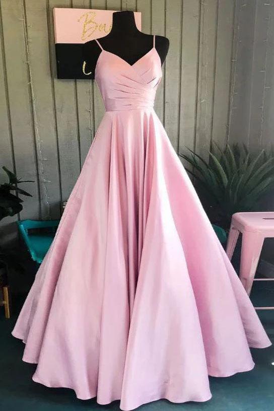 A Line V-Neck Pink Spaghetti Straps Rushed Satin Long Prom Dresses