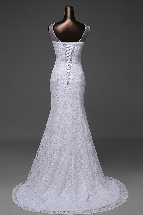Mermaid V-Neck Beaded Sweep Train Lace Wedding Dresses