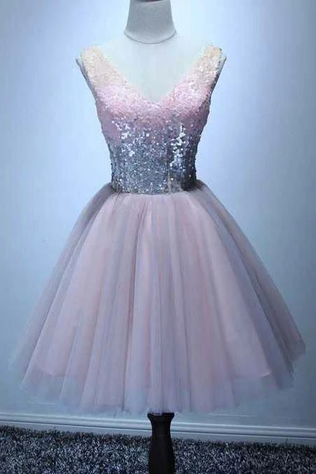 A Line Sequines V-Neck Tulle Mini Homecoming Dresses