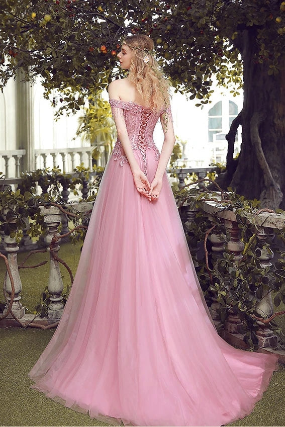 Pink Off the Shoulder Tulle Prom Dresses with Lace Appliques Long Evening Dresses N2677